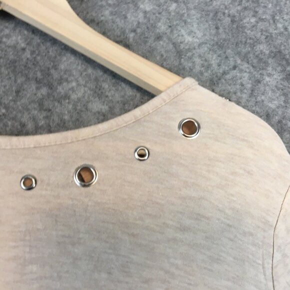 Belldini Top 2X Career Casual Knit Swing Hem 3/4 Sleeve Grommet Caged Back Tan - Picture 4 of 13